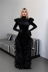 Long sleeve velvet dress with puffed shoulders and fathered skirt - ISLA